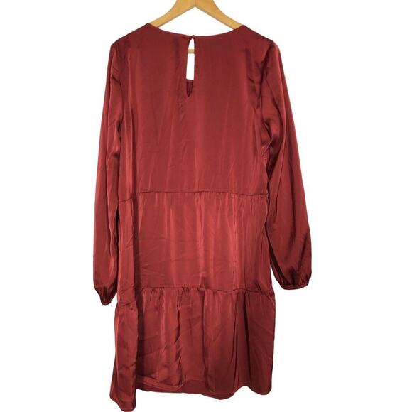Halogen Satin Dress Long Sleeve Jewel Neck Tiered Swing Mini Earth Red NWT Large - Picture 4 of 7
